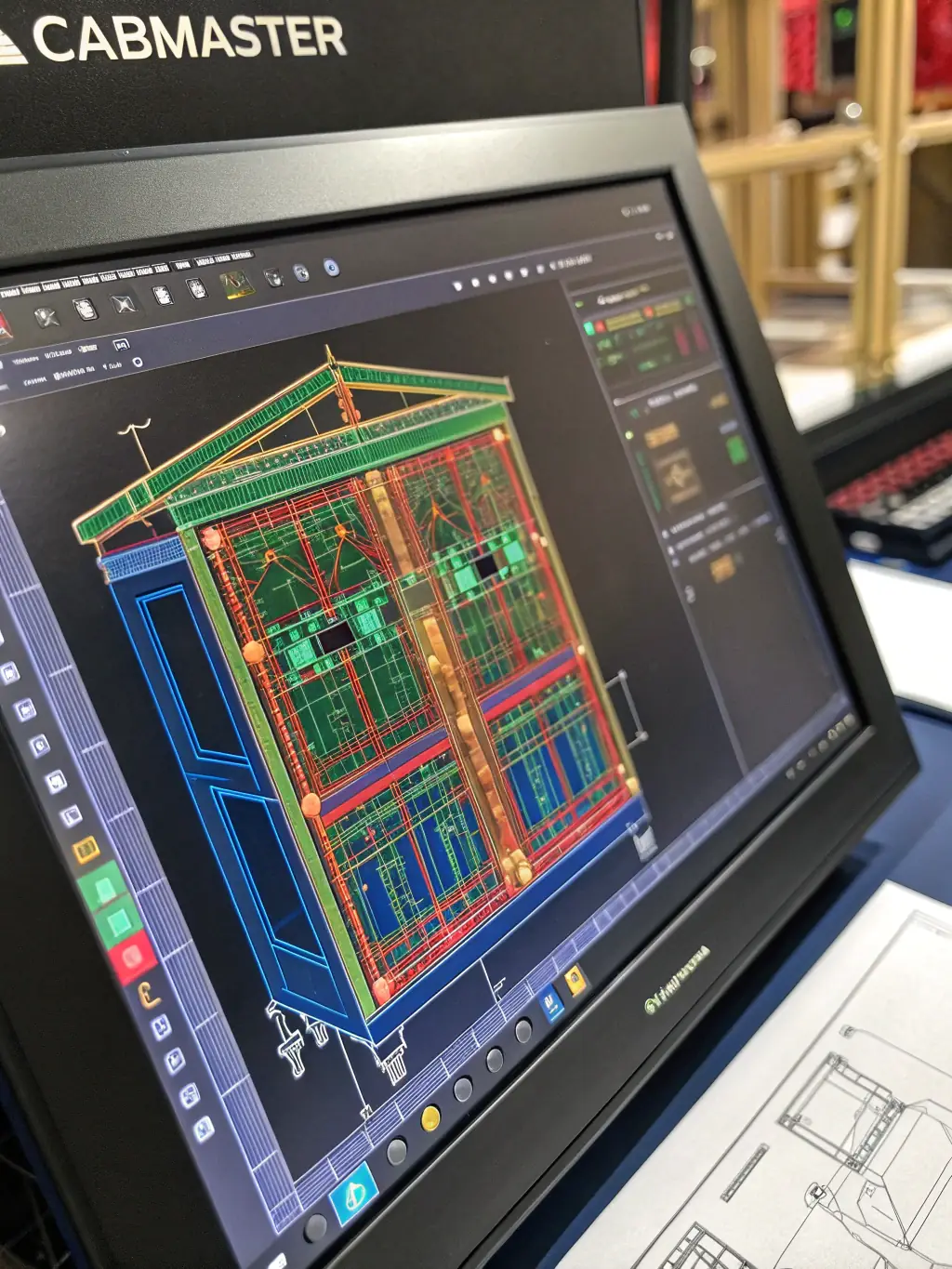 A screenshot of Cabinet Vision software interface, displaying detailed technical drawings of a cabinet, showcasing the software's precision and accuracy in drafting.